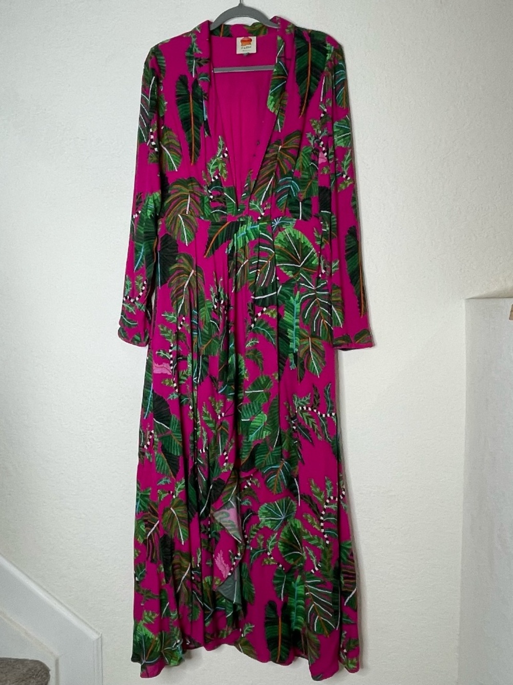 FARM Rio Maxi Dress L Pink Green Tropical Leaf Print Long Sleeve Boho Resort
